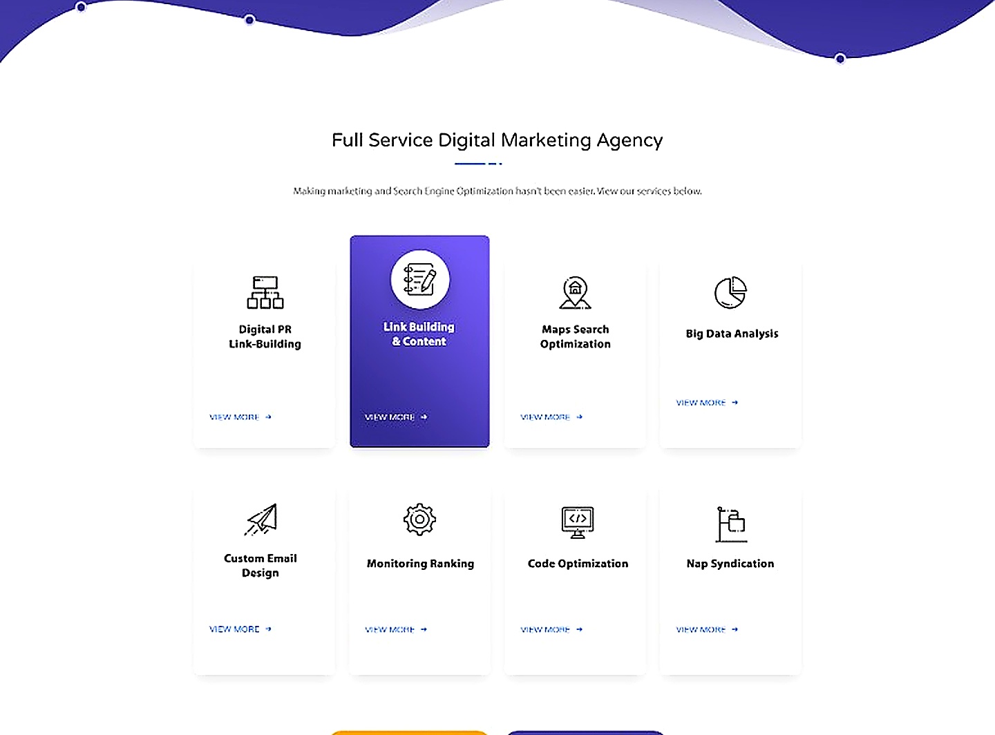 SEODA service cards including Link Building, Maps SEO and Big Data Analysis
