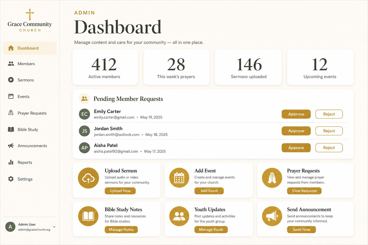 Church community app admin dashboard