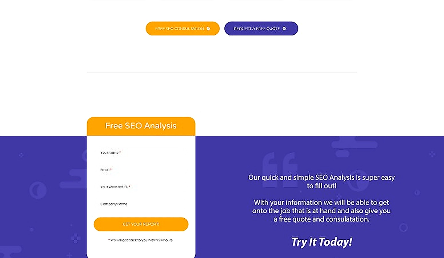 SEODA Free SEO Analysis form alongside reassuring copy