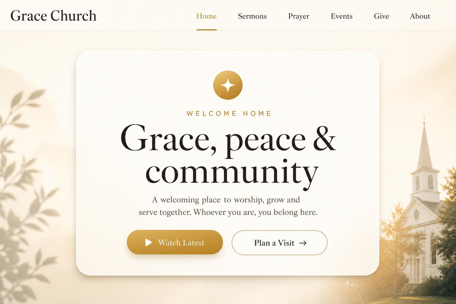 Church Community App homepage hero — Grace, peace & community