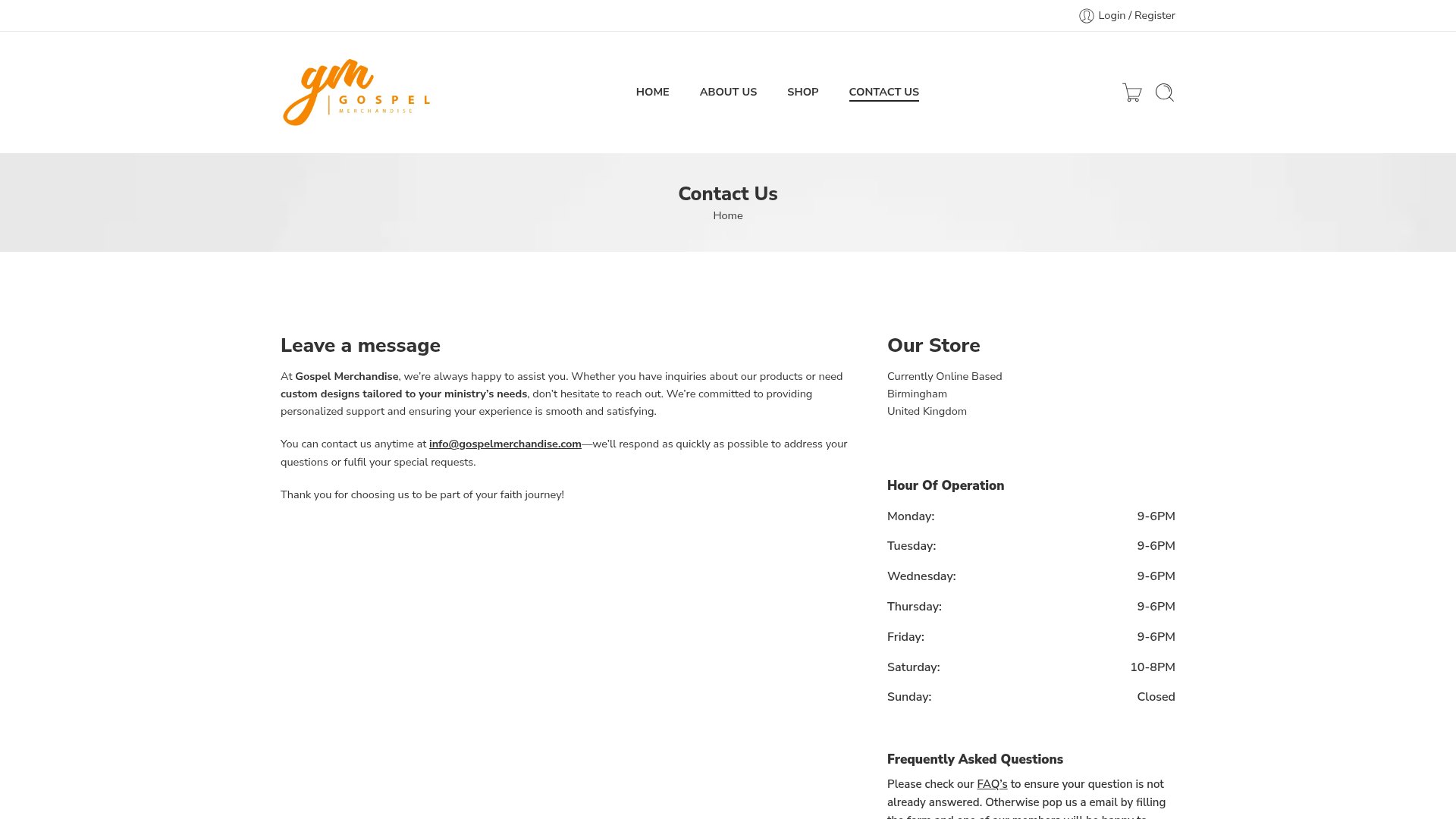 Contact & Trust — Gospel Merchandise