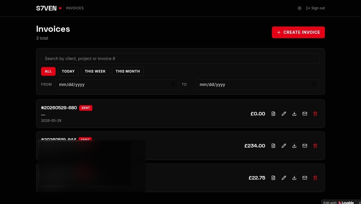 S7VEN invoice and customer management dashboard overview